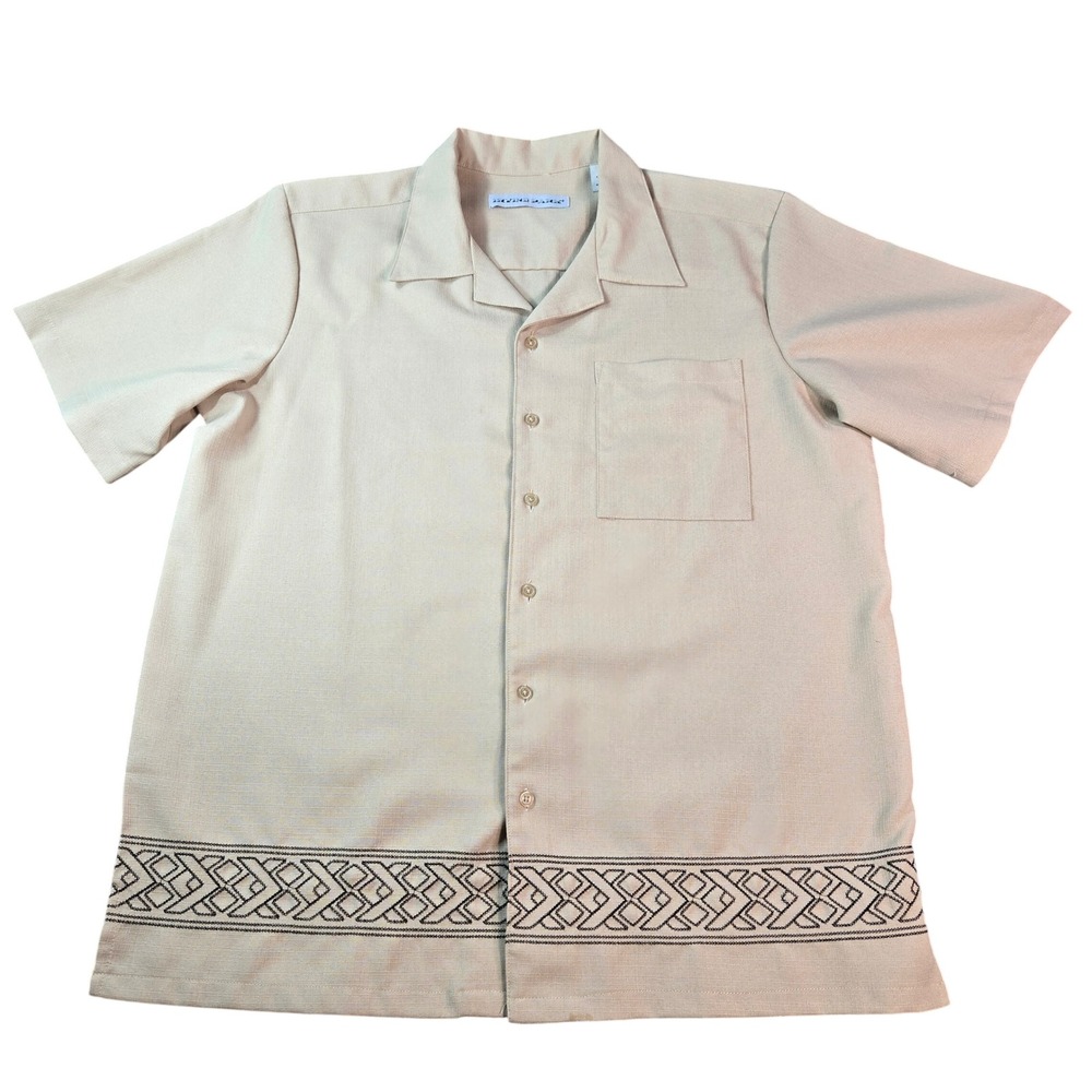 Irvine Park Men's Tan Short Sleeve Embroidered Hem Camp Collar Shirt Size L